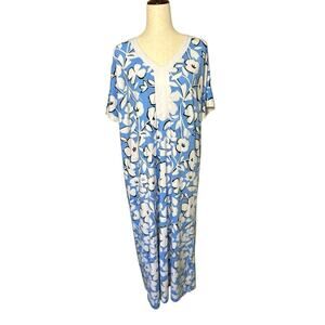 Women’s Blue White Floral Long Housedress Muu Muu Stretch Pockets Size Small